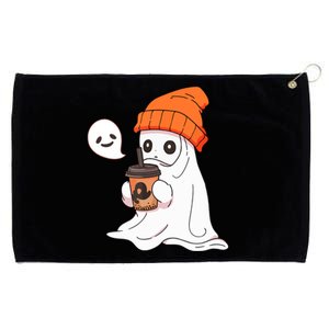 Funny Cute Little Ghost Halloween Spooky Season Drinking Coffee Gift Grommeted Golf Towel