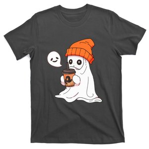 Funny Cute Little Ghost Halloween Spooky Season Drinking Coffee Gift T-Shirt