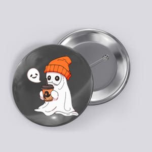 Funny Cute Little Ghost Halloween Spooky Season Drinking Coffee Gift Button