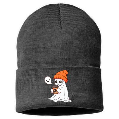 Funny Cute Little Ghost Halloween Spooky Season Drinking Coffee Gift Sustainable Knit Beanie