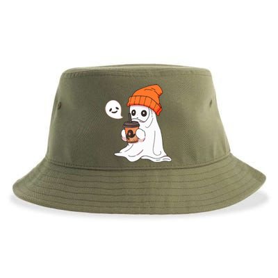 Funny Cute Little Ghost Halloween Spooky Season Drinking Coffee Gift Sustainable Bucket Hat