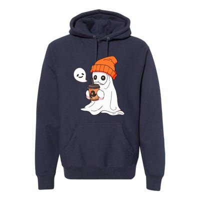 Funny Cute Little Ghost Halloween Spooky Season Drinking Coffee Gift Premium Hoodie