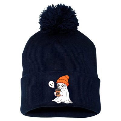 Funny Cute Little Ghost Halloween Spooky Season Drinking Coffee Gift Pom Pom 12in Knit Beanie