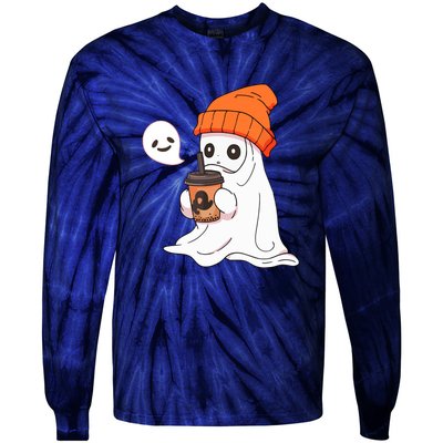 Funny Cute Little Ghost Halloween Spooky Season Drinking Coffee Gift Tie-Dye Long Sleeve Shirt