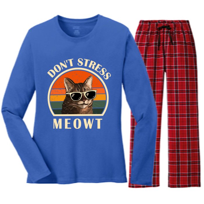 Funny Cat Loves Cats Don't Stress Meowt Gift Women's Long Sleeve Flannel Pajama Set 