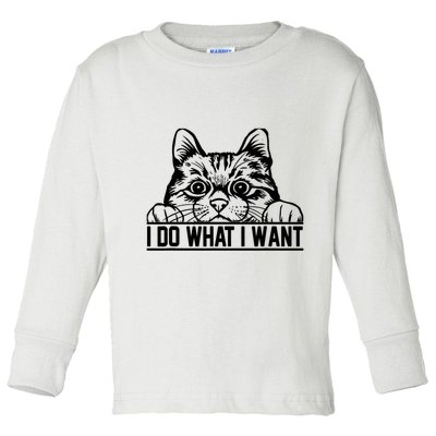 Funny Cat Lovers Retro 70s 80s 90s I Do What I Want Cat Toddler Long Sleeve Shirt