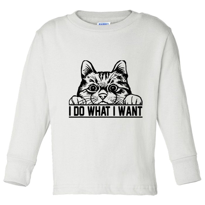 Funny Cat Lovers Retro 70s 80s 90s I Do What I Want Cat Toddler Long Sleeve Shirt
