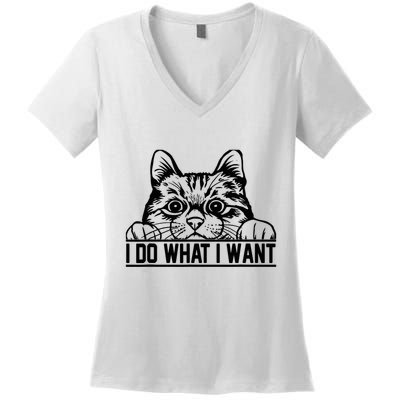 Funny Cat Lovers Retro 70s 80s 90s I Do What I Want Cat Women's V-Neck T-Shirt