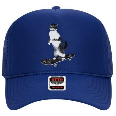 Funny Cats Lovers Skateboarding Cat High Crown Mesh Back Trucker Hat