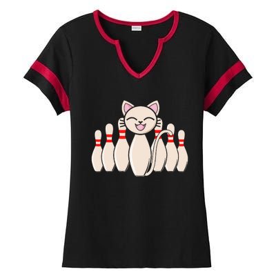 Funny Cat Lover Tee Bowling Pin Cat Bowler Bowling Player Ladies Halftime Notch Neck Tee