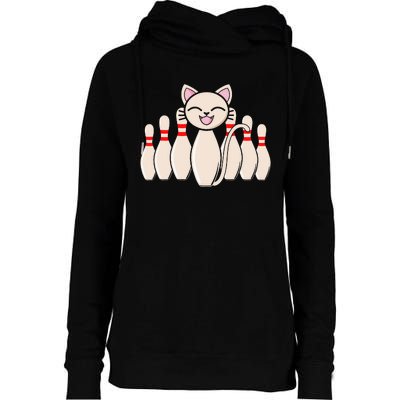 Funny Cat Lover Tee Bowling Pin Cat Bowler Bowling Player Womens Funnel Neck Pullover Hood