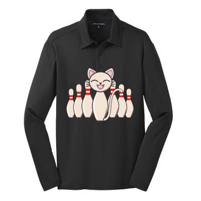 Funny Cat Lover Tee Bowling Pin Cat Bowler Bowling Player Silk Touch Performance Long Sleeve Polo