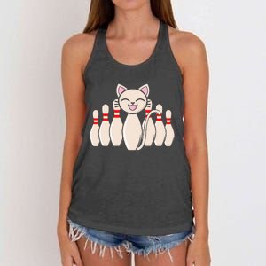 Funny Cat Lover Tee Bowling Pin Cat Bowler Bowling Player Women's Knotted Racerback Tank