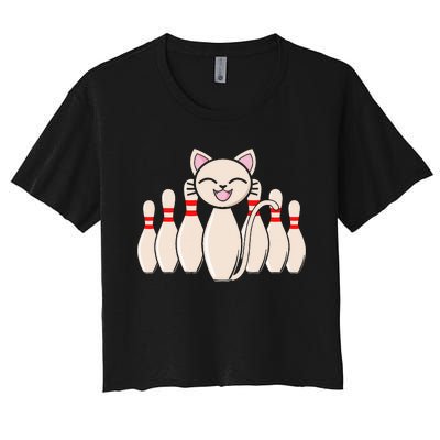 Funny Cat Lover Tee Bowling Pin Cat Bowler Bowling Player Women's Crop Top Tee