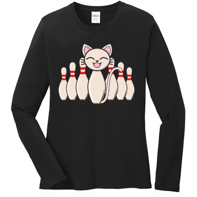 Funny Cat Lover Tee Bowling Pin Cat Bowler Bowling Player Ladies Long Sleeve Shirt