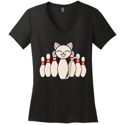 Funny Cat Lover Tee Bowling Pin Cat Bowler Bowling Player Women's V-Neck T-Shirt