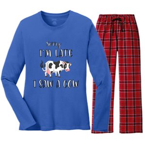 Funny Cow Lover Farmer Print Sorry I Am Late I Saw A Cow Gift Women's Long Sleeve Flannel Pajama Set 