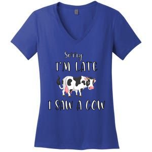 Funny Cow Lover Farmer Print Sorry I Am Late I Saw A Cow Gift Women's V-Neck T-Shirt