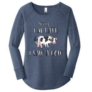 Funny Cow Lover Farmer Print Sorry I Am Late I Saw A Cow Gift Women's Perfect Tri Tunic Long Sleeve Shirt