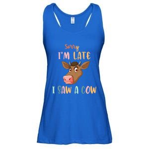 Funny Cow Lover Farmer Print Sorry I Am Late I Saw A Cow Gift Ladies Essential Flowy Tank