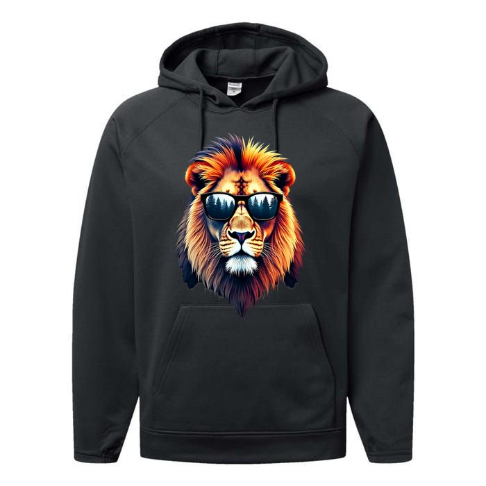 Funny Colorful Lion In Sunglasses Lions Performance Fleece Hoodie