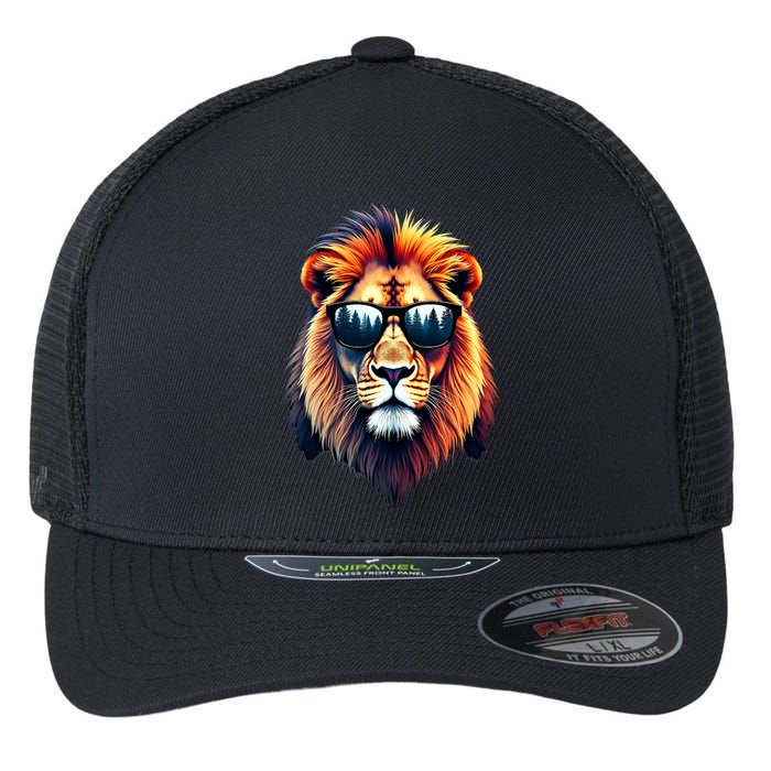 Funny Colorful Lion In Sunglasses Lions Flexfit Unipanel Trucker Cap