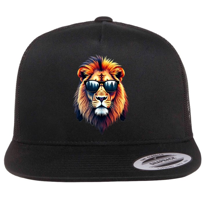 Funny Colorful Lion In Sunglasses Lions Flat Bill Trucker Hat