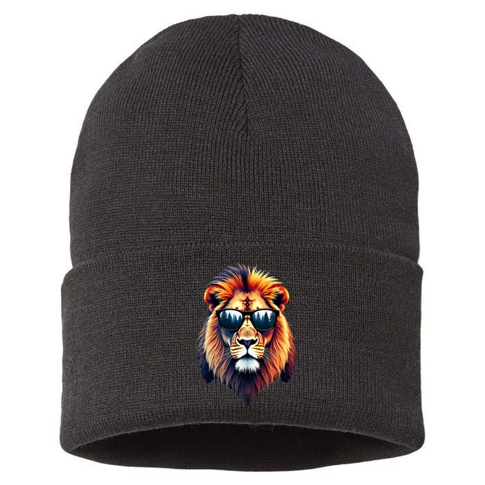 Funny Colorful Lion In Sunglasses Lions Sustainable Knit Beanie