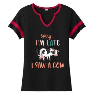 Funny Cow Lover Farmer Print Sorry I Am Late I Saw A Cow Great Gift Ladies Halftime Notch Neck Tee