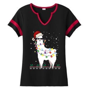 Funny Christmas Llama Santa Hat Ugly Xmas Tree Alpaca Ladies Halftime Notch Neck Tee