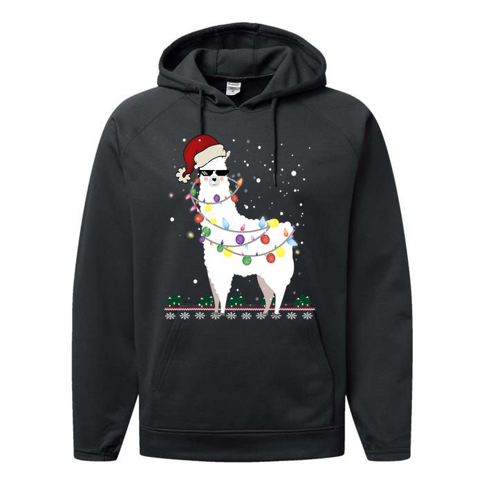 Funny Christmas Llama Santa Hat Ugly Xmas Tree Alpaca Performance Fleece Hoodie