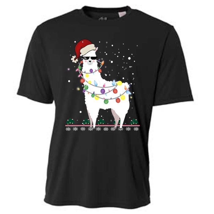 Funny Christmas Llama Santa Hat Ugly Xmas Tree Alpaca Cooling Performance Crew T-Shirt