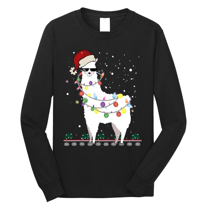 Funny Christmas Llama Santa Hat Ugly Xmas Tree Alpaca Long Sleeve Shirt