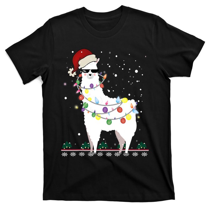 Funny Christmas Llama Santa Hat Ugly Xmas Tree Alpaca T-Shirt