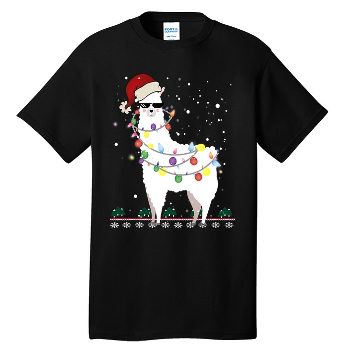 Funny Christmas Llama Santa Hat Ugly Xmas Tree Alpaca Tall T-Shirt