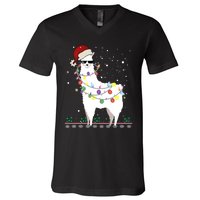 Funny Christmas Llama Santa Hat Ugly Xmas Tree Alpaca V-Neck T-Shirt