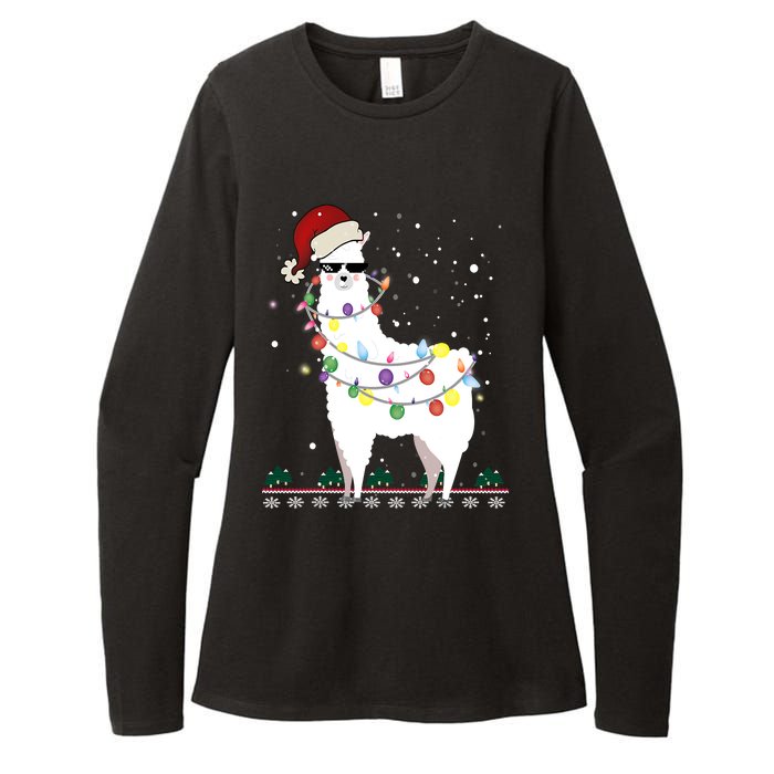 Funny Christmas Llama Santa Hat Ugly Xmas Tree Alpaca Womens CVC Long Sleeve Shirt