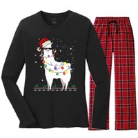 Funny Christmas Llama Santa Hat Ugly Xmas Tree Alpaca Women's Long Sleeve Flannel Pajama Set 