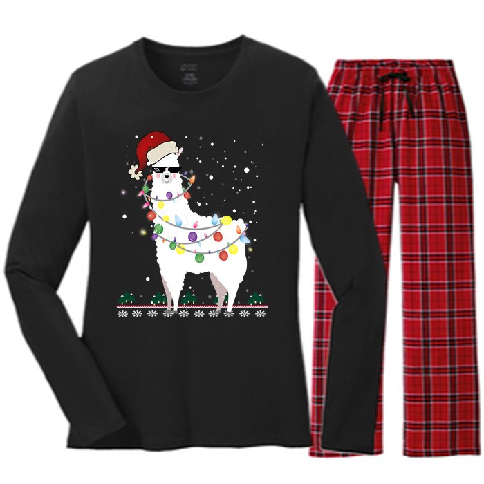 Funny Christmas Llama Santa Hat Ugly Xmas Tree Alpaca Women's Long Sleeve Flannel Pajama Set 