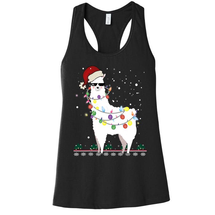 Funny Christmas Llama Santa Hat Ugly Xmas Tree Alpaca Women's Racerback Tank