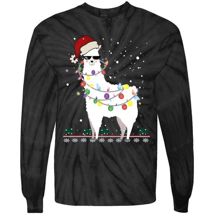 Funny Christmas Llama Santa Hat Ugly Xmas Tree Alpaca Tie-Dye Long Sleeve Shirt