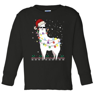 Funny Christmas Llama Santa Hat Ugly Xmas Tree Alpaca Toddler Long Sleeve Shirt