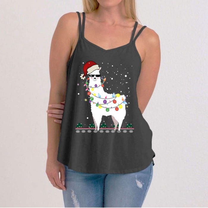 Funny Christmas Llama Santa Hat Ugly Xmas Tree Alpaca Women's Strappy Tank