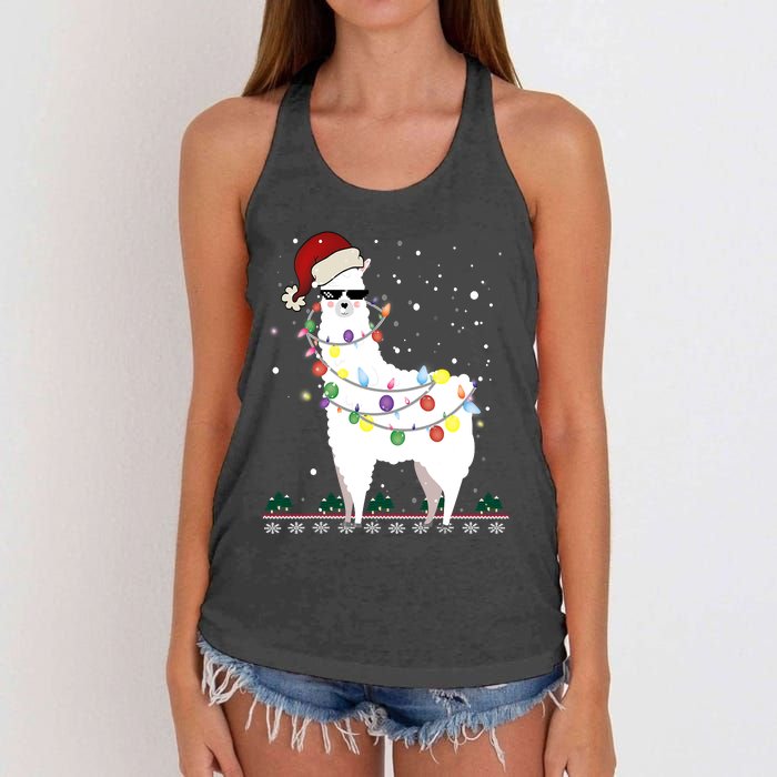 Funny Christmas Llama Santa Hat Ugly Xmas Tree Alpaca Women's Knotted Racerback Tank