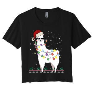 Funny Christmas Llama Santa Hat Ugly Xmas Tree Alpaca Women's Crop Top Tee