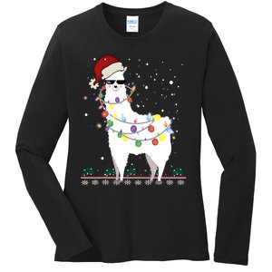 Funny Christmas Llama Santa Hat Ugly Xmas Tree Alpaca Ladies Long Sleeve Shirt