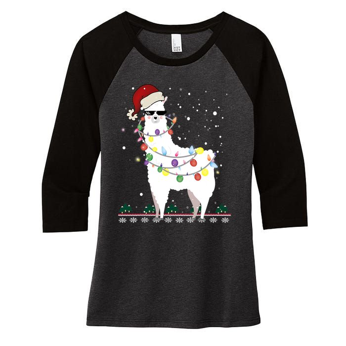 Funny Christmas Llama Santa Hat Ugly Xmas Tree Alpaca Women's Tri-Blend 3/4-Sleeve Raglan Shirt