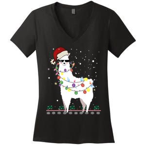 Funny Christmas Llama Santa Hat Ugly Xmas Tree Alpaca Women's V-Neck T-Shirt