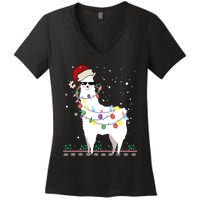 Funny Christmas Llama Santa Hat Ugly Xmas Tree Alpaca Women's V-Neck T-Shirt