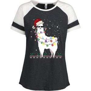 Funny Christmas Llama Santa Hat Ugly Xmas Tree Alpaca Enza Ladies Jersey Colorblock Tee